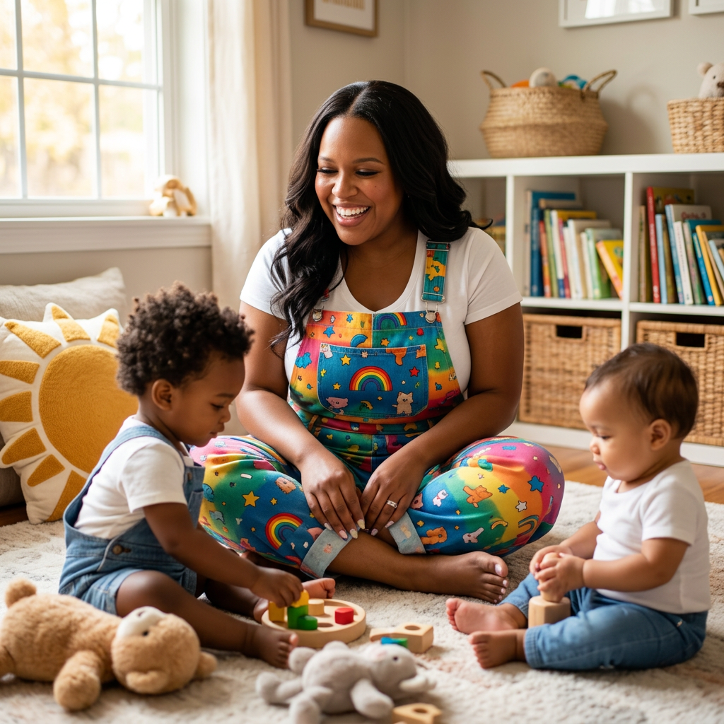 Renada sitting on a soft rug, smiling while engaging with a diverse group of babies and toddlers playing with wooden toys