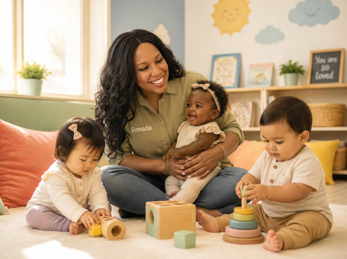 Renada sitting on a soft rug, smiling while engaging with a diverse group of babies and toddlers playing with wooden toys